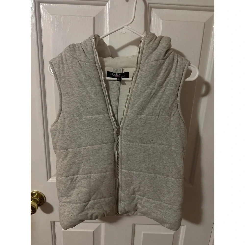 Sugar Rush Girls Heather Gray Quilted Puffer Vest Hooded‎ Fleece Lined XL Kids